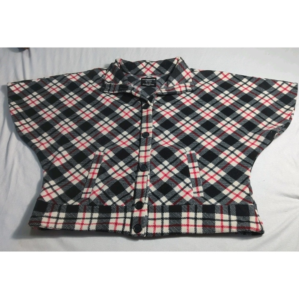 Liz Claiborne Active Sz XL Black & Red Plaid Fleece Button Up Jacket Poncho 374